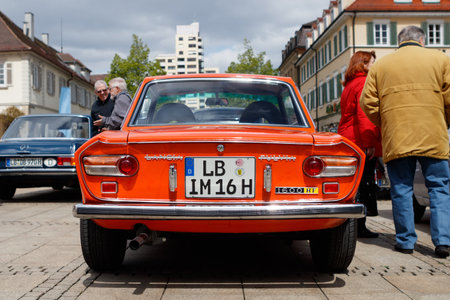 LUDWIGSBURG, GERMANY - APRIL 23, 2017: Lancia Fulvia 1600 HF oldtimer car at the eMotionen event on April 23, 2017 in Ludwigsburg, Germany. Rear view.のeditorial素材