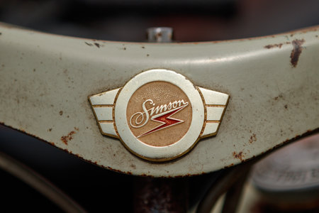 NORDLINGEN, GERMANY - APRIL 29, 2017: Simson oldtimer motorcycle at the MotoTechnika oldtimer meeting on April 29, 2017 in Nordlingen, Germany. Close-up of the emblem.のeditorial素材