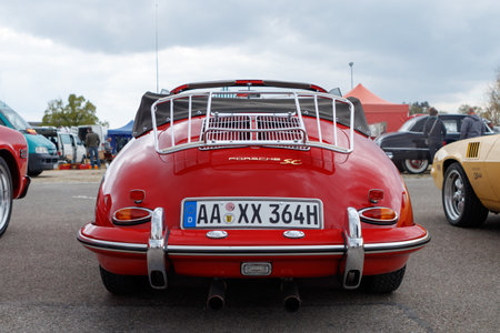 NORDLINGEN, GERMANY - APRIL 29, 2017: Porsche 356 SC oldtimer car at the MotoTechnika oldtimer meeting on April 29, 2017 in Nordlingen, Germany. Rear view.のeditorial素材