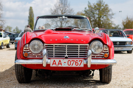 NORDLINGEN, GERMANY - APRIL 29, 2017: Triumph TR4 oldtimer car at the MotoTechnika oldtimer meeting on April 29, 2017 in Nordlingen, Germany. Front view.のeditorial素材