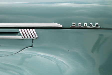 NORDLINGEN, GERMANY - APRIL 29, 2017: Dodge oldtimer car at the MotoTechnika oldtimer meeting on April 29, 2017 in Nordlingen, Germany. Close-up of the hood and front emblem.のeditorial素材