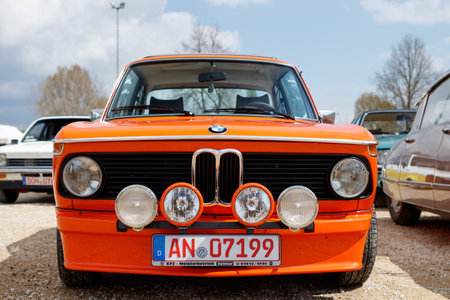 NORDLINGEN, GERMANY - APRIL 29, 2017: BMW 2002 oldtimer car at the MotoTechnika oldtimer meeting on April 29, 2017 in Nordlingen, Germany. Front view.のeditorial素材