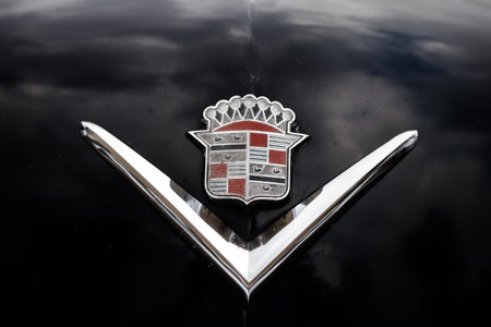 NORDLINGEN, GERMANY - APRIL 29, 2017: Cadillac Deville oldtimer car at the MotoTechnika oldtimer meeting on April 29, 2017 in Nordlingen, Germany. Close-up of the front emblem.のeditorial素材