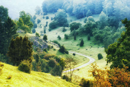 Scenery of the nature reserve Zwing with rocks and trees in the valley in the Swabian Alb near Neresheim, Baden-WÃ¼rttemberg, Germany.の写真素材