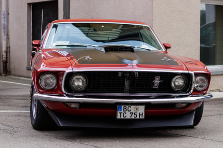 Laupheim, Germany - September 24, 2017: Ford Mustang oldtimer car at the US Car Meeting event on September 24, 2017 in Laupheim, Germany.のeditorial素材