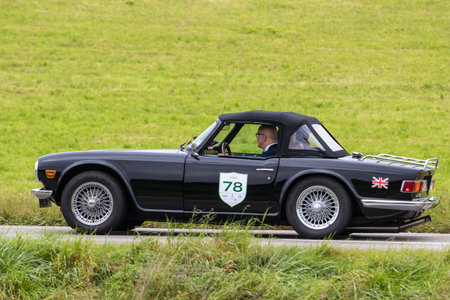 Augsburg, Germany - October 1, 2017: Triumph TR6 oldtimer car at the Fuggerstadt Classic 2017 Oldtimer Rallye on October 1, 2017 in Augsburg, Germany.のeditorial素材