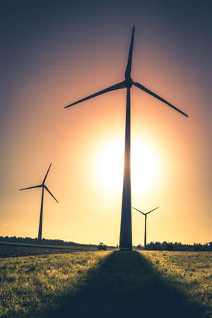 Silhouette of wind turbines on the fields in the light of the rising sun.の写真素材
