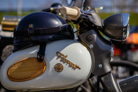 Ludwigsburg, Germany - April 8, 2018: Kreidler Florett oldtimer motorbike scooter at the 2018 Retro Season Opener meeting and show.のeditorial素材