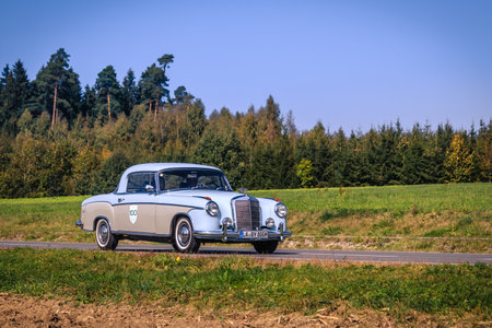 Augsburg, Germany - September 30, 2018: 1958 Mercedes-Benz W180 220 S Coupe oldtimer car at the...
