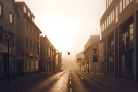 Heidenheim, Germany - September 12, 2021: Foggy autumn cityscape of Heidenheim an der Brenz. Empty streets on sunday morning.のeditorial素材