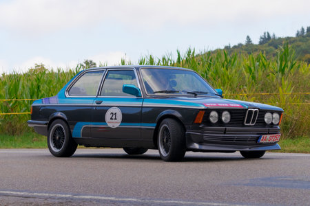 Heubach, Germany - September 19, 2021: BMW E21 320/4 german oldtimer luxury car.のeditorial素材