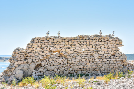 Seagulls are standing on the man made stone wall on Mediterranean island - Adriatic sea.の写真素材