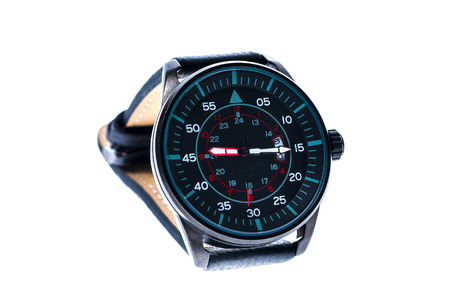 Mens luxury round swiss mechanical wrist watch with leather wristband strap. Chronograph or...