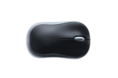 Top view od black wireless computer mouse isolated on white background. Electronic instrument for...
