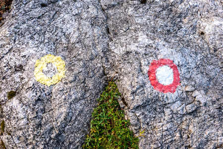 Mountain trail marker on a stone or a rock. Marked trail in woods in the summer.