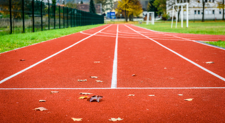 Maple leafs on athletic running track in stadium. A new run track or sports facility with rubber and...