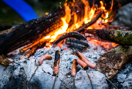 Making and cooking Hot dog sausages over open camp fire. Grilling food over flames of bonfire on wooden branch - stick spears in nature at night. Scouts way of preparing food.の写真素材