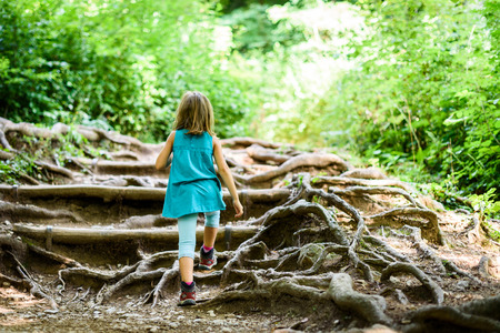 Children - twin girls are hiking in the mountains. Active family, parents and children mountaineering in the nature.の写真素材