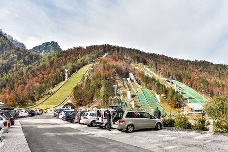 Planica, Slovenia - October 18, 2015 - the construction of Planica Nordic center with ski jumping hills. Planica is famous ski jumping venue with  Flying hill of GoriÅ¡ek brothers  and other jumping hill.のeditorial素材
