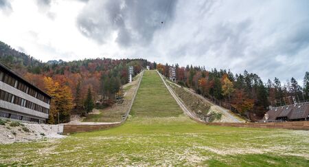 Planica, Slovenia - October 18, 2015 - the construction of Planica Nordic center with ski jumping hills. Planica is famous ski jumping venue with  Flying hill of GoriÅ¡ek brothers  and other jumping hill.のeditorial素材