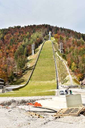 Planica, Slovenia - October 18, 2015 - the construction of Planica Nordic center with ski jumping hills. Planica is famous ski jumping venue with  Flying hill of GoriÅ¡ek brothers  and other jumping hill.のeditorial素材