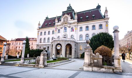 Ljubljana, Slovenia - January 23, 2018: Main Headquarters building of University of Ljubljana, Slovenia on Congress square (Kongresni trg).のeditorial素材