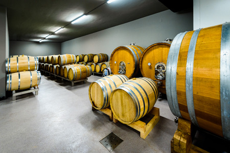 Wooden wine barrels stacked in modern winery cellar in Spain. Modern, contemporary and traditional...