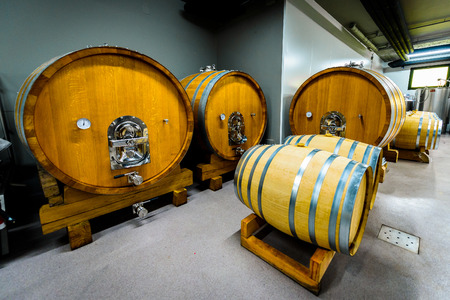 Wooden wine barrels stacked in modern winery cellar in Spain. Modern, contemporary and traditional...