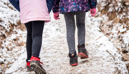 Children hiking in snow mountains forest on family trip. Active family, parents and children trekking in winter inÂ  nature. Kids are walking in the woods trail road in cold snowy winter time.の写真素材