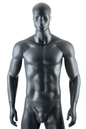 Female gray athletic mannequin doll or store display dummy isolated. Woman gray clothing doll, muscular athletic build, great impressive physique. Front, side or back view, closeup on body parts.の写真素材