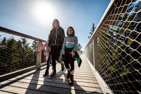 Active family walking, hiking in nature on wooden treetop walkway in winter. Family with kids walking mountain treetops on wooden balcony footbridge over the forest on Rogla, Pohorje, Slovenia.の写真素材