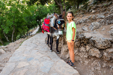Girl riding a donkey to visit Cave of Diktaion Andron. Tourists visitingfamous cave Diktaion Andron, the birthplace of god Zeus in Lasithi plateau,Crete, Greece with a traditional donkey.の写真素材