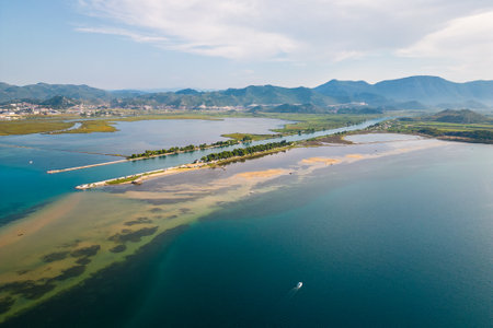 Aerial drone photo view of the Neretva river delta valley near Ploce, Dalmatia, Croatia.の写真素材