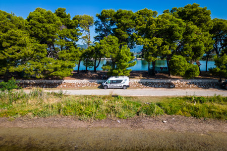 Aerial drone photo view of the campervans and motorhomes parked on  Neretva river delta valley near Ploce, Dalmatia, Croatia.の写真素材