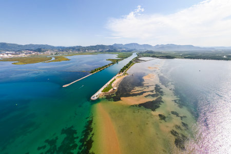 Aerial drone photo view of the Neretva river delta valley near Ploce, Dalmatia, Croatia.の写真素材