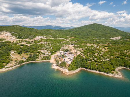 Camping site for motorhomes and campervans on lake krupac, an artificial lake near niksic city - Montenegroの写真素材