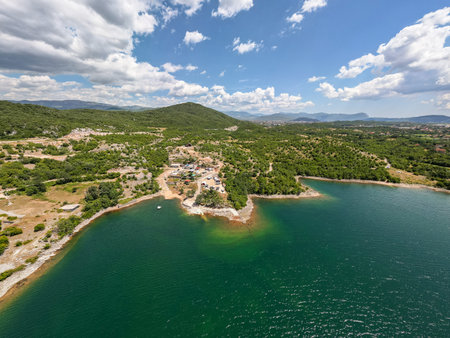 Camping site for motorhomes and campervans on lake krupac, an artificial lake near niksic city - Montenegroの写真素材