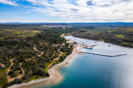 Aerial view of the Croatian coast with view of Lanterna and Vabriga. Amazing Croatian Adriatic sea and coast.の写真素材