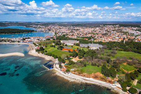Aerial drone view ofÂ beautiful Medulin city in Istria, Croatia. Amazing sea side photo of touristÂ attractionÂ Medulin near Pula, Croatiaの写真素材