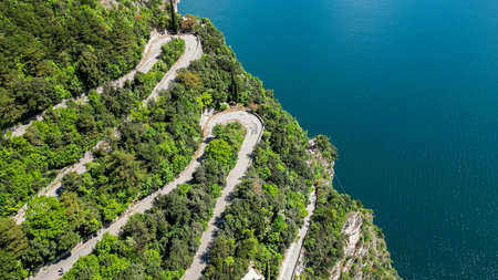 Famous bicycle road Sentiero del Ponale from Riva del Garda to Lake Ledro. Famous biking roads near Riva del Garda on the northern part of Lake Garda.の写真素材
