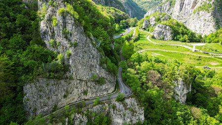 Aerial view of the amazing LimarÃ² Canyon in northern Italy, next to Lake Garda. The Canyon has a special biking path and a lot of outdoor activities next to river Sarca.の写真素材