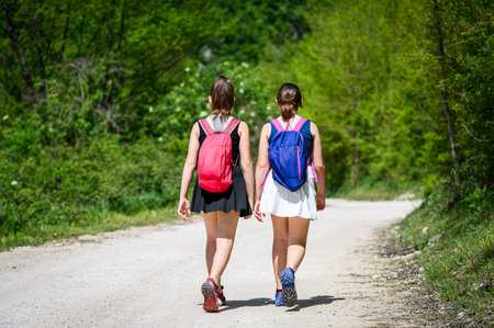 Twin girls hiking or walking on a road to visit the famous Strbacki buk waterfall in Bosnia. Hiking in nature wearing sports clothes.の写真素材
