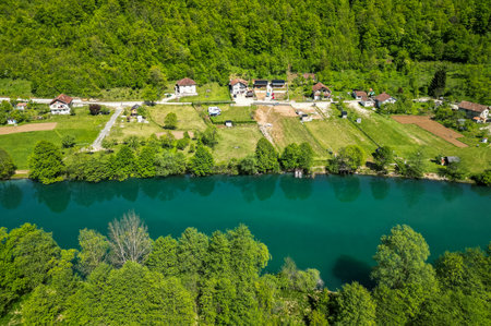 Amazing river Una before Strbacki buk in Bosnia and Herzegovina. BeautifulÂ Una river with small camping sites for motorhomes and campervans along the river.の写真素材