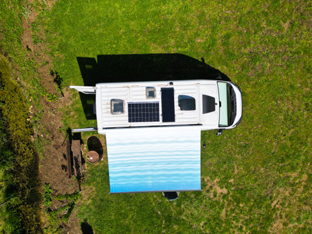 Top down birds view of campervan and motorhome. Drone photo of camper van or motor home, withroof windows and solar panels.の写真素材