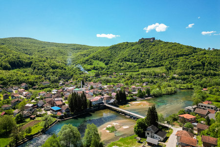 Town of Kulen Vakuf and Una river in Bosnia and Herzegovina. A view from Ostrovica Castle above Kulen Vakuf with the view of Una River.の写真素材