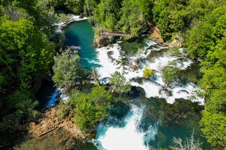 Amazing Martin Brod waterfalls on river Una in Bosnia and Herzegovina. Beautiful nature in Una national park with crystal clear water and amazing cascade waterfalls.の写真素材