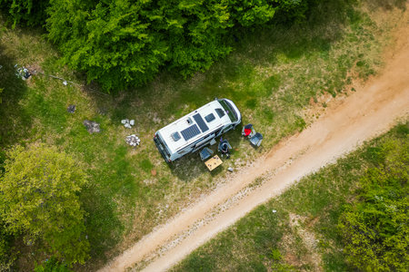 Aerial view of BuÅ¡ko lake in Bosnia and Herzegovina. Artificial lake with some motorhomes or...
