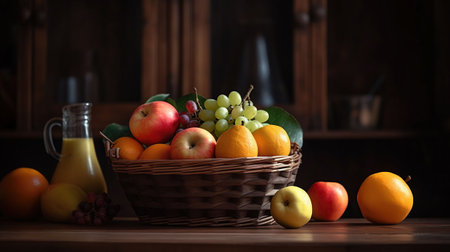 Basket and fresh fruits on wooden table, AI Generativeの素材