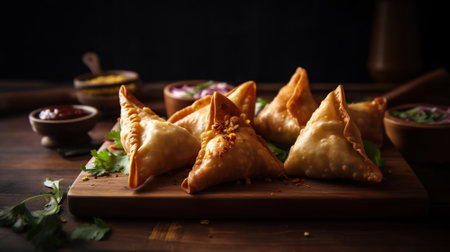 Wooden board with delicious meat samosas, closeup. Ai Generativeの素材
