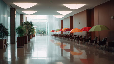 Stylish interior of modern hall with colorful umbrellas, generative aiの素材